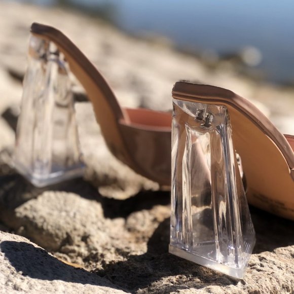 NEW Patent Clear Triangle High Block Heel Square Toe Slip On Sandals Mules Shoes - Picture 3 of 10